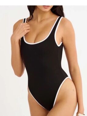Rumored Ribbed Black Swimwear Top with White Trim NEW Medium